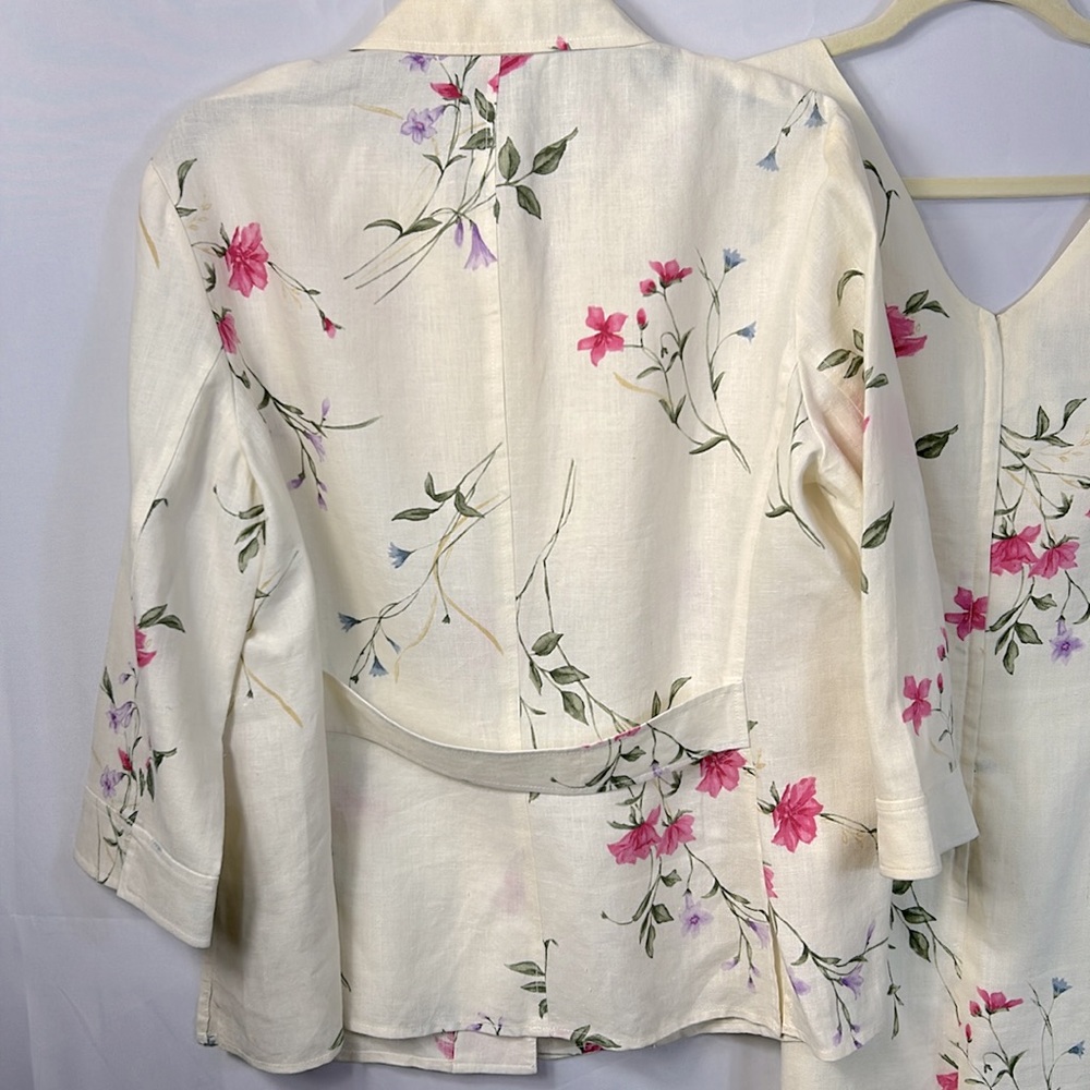 Teri Jon Neiman Marcus Vintage Cream and Green Linen Dress Size 12 - Picture 4 of 8